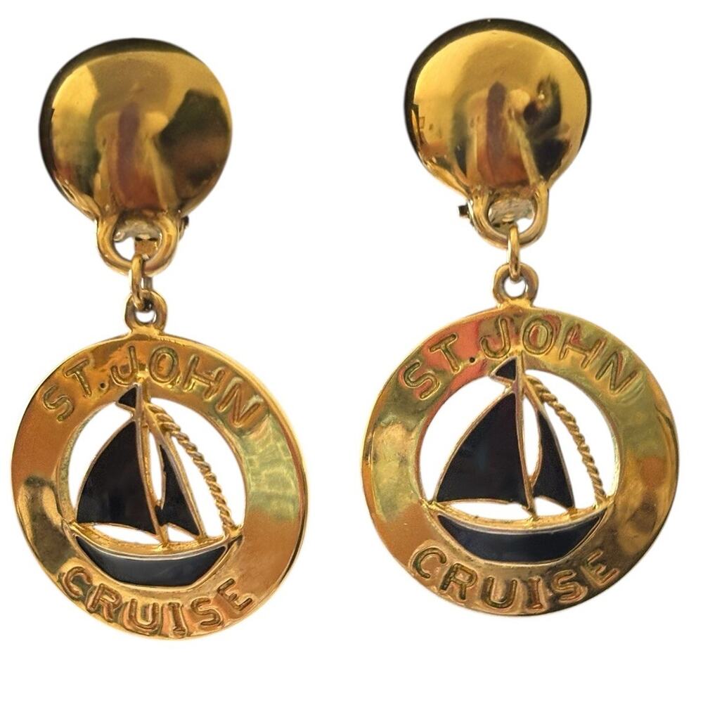 St John Earrings Cruise Nautical Spell Out Clip On Black Enamel Gold Vintage